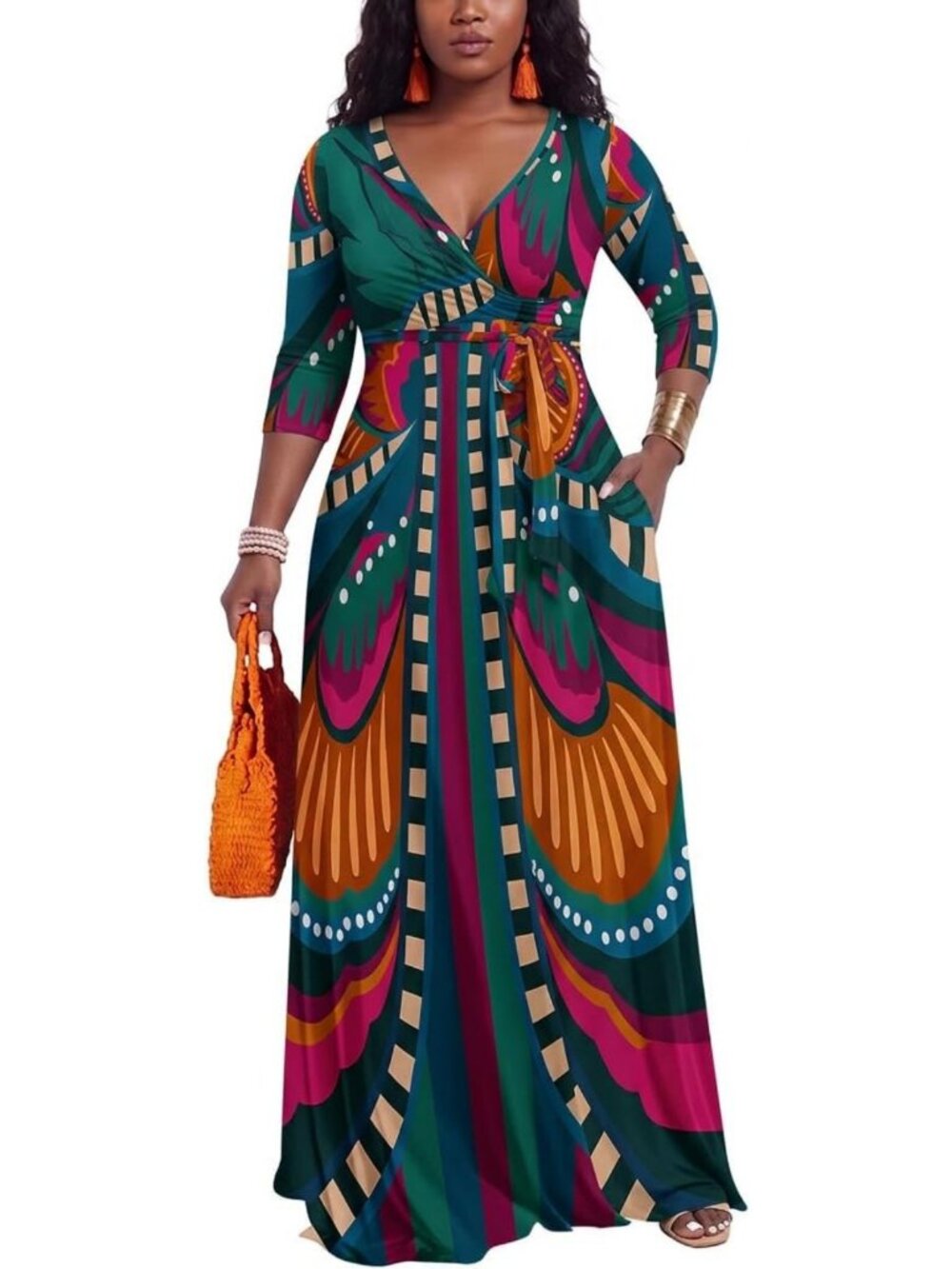Chic Women's V-Neck 3/4 Sleeve Wrap Maxi Dress with Pockets - Perfect for Any
